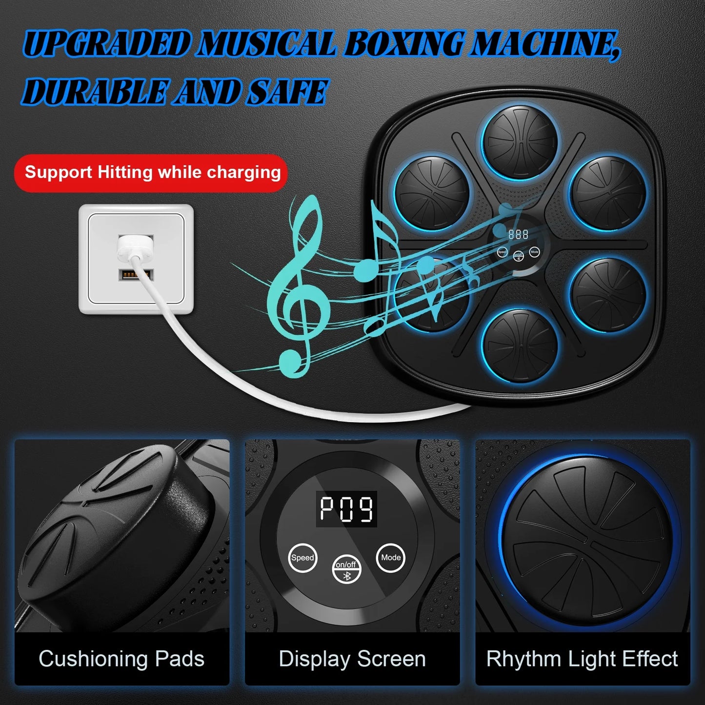 Music Boxing Machine, Kids and Adult Smart Bluetooth Boxing Machine with Boxing Gloves, Boxing Music Fitness Machine with Smart Display Wall Mounted, Boxing Trainer for Home and Gym, Black